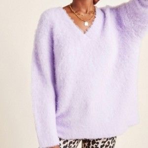 🪻💜 Anthropologie Simone Lavender Purple Fluffy Brushed V-Neck Sweater SP